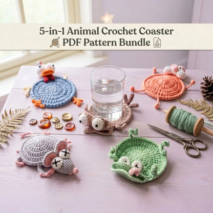 5-in-1 animal crochet coaster pattern bundle by MrsCrochetWorld