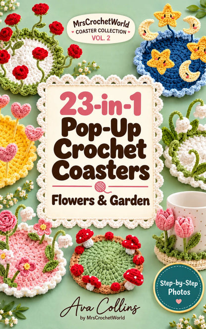 23-in-1 Pop-Up Crochet Coasters: Flowers & Garden paperback crochet book front cover by Ava Collins
