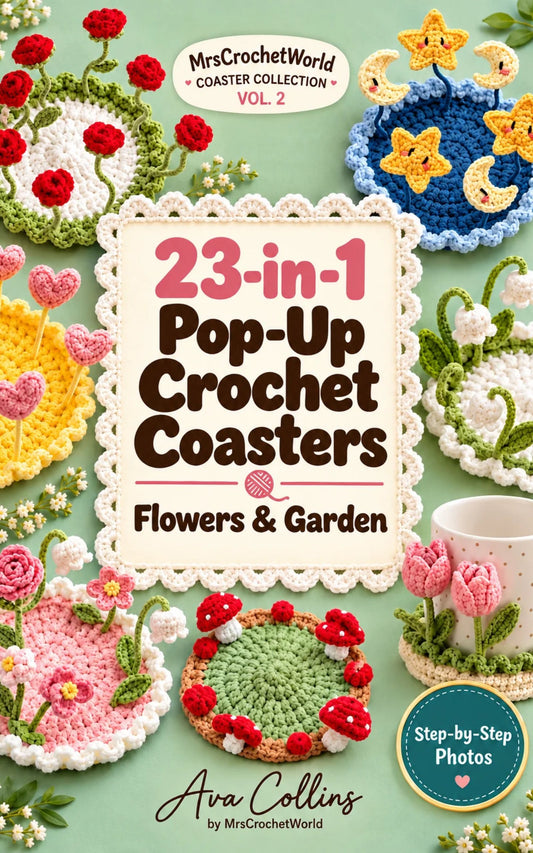 23-in-1 Pop-Up Crochet Coasters: Flowers & Garden paperback crochet book front cover by Ava Collins