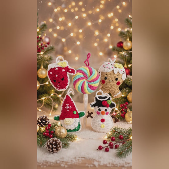 Video of the Cozy Christmas Ornaments crochet pattern: 5 holiday ornaments