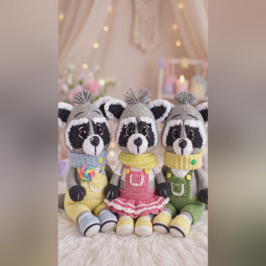 Video of Max and Marla, the 3-in-1 raccoon amigurumi crochet pattern bundle