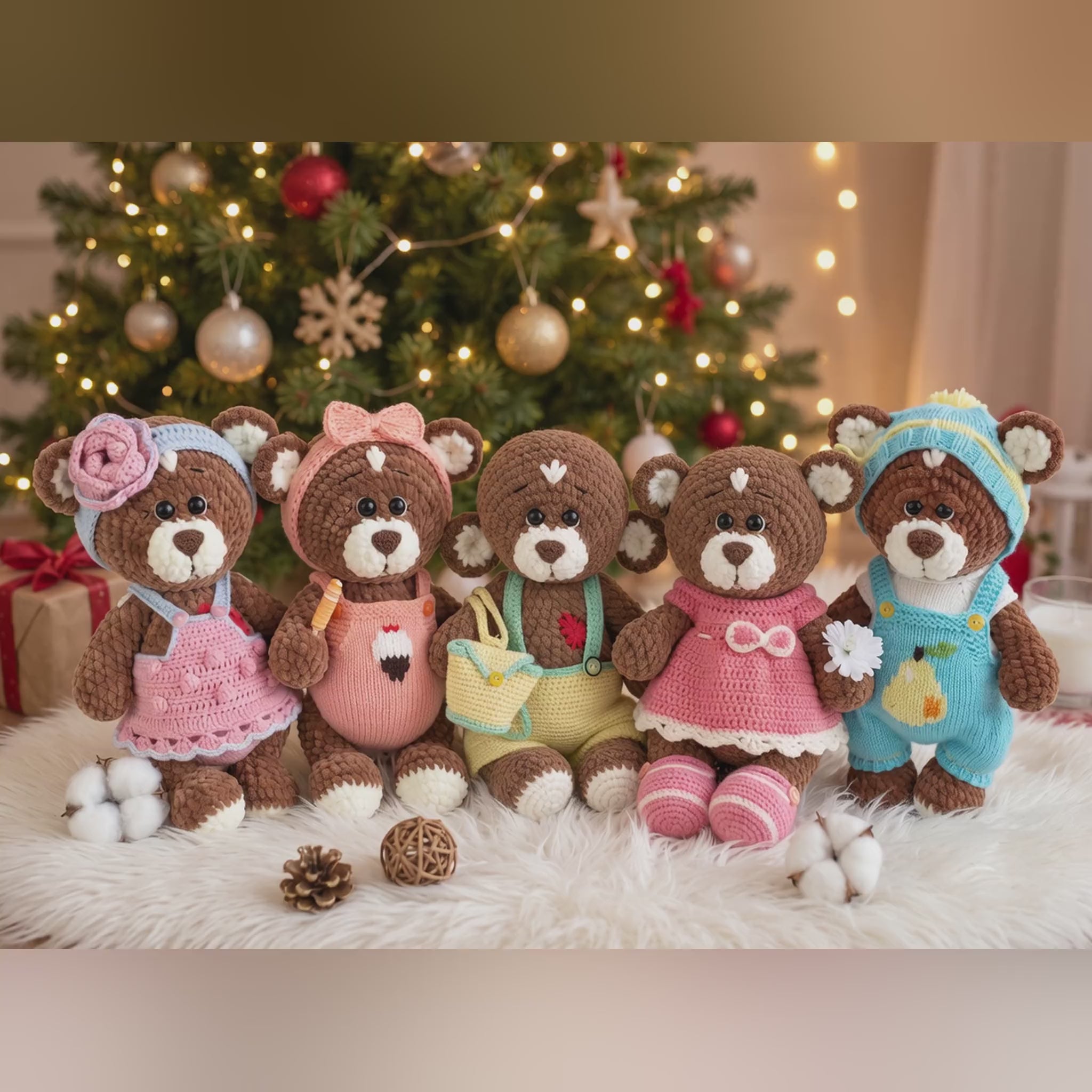 Video of Brownie the plush bear with crochet and knitted clothes