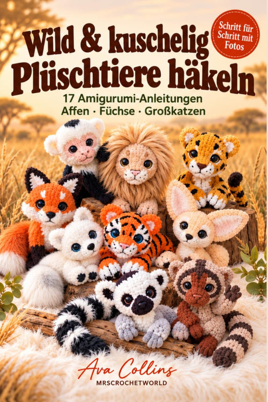 Front cover of the German crochet book Wild & kuschelig – Plüschtiere häkeln with 17 amigurumi monkeys, foxes and big cats