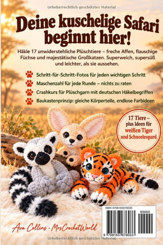 Back cover of the German crochet book Wild & kuschelig: plush lemur, fennec fox and tiger