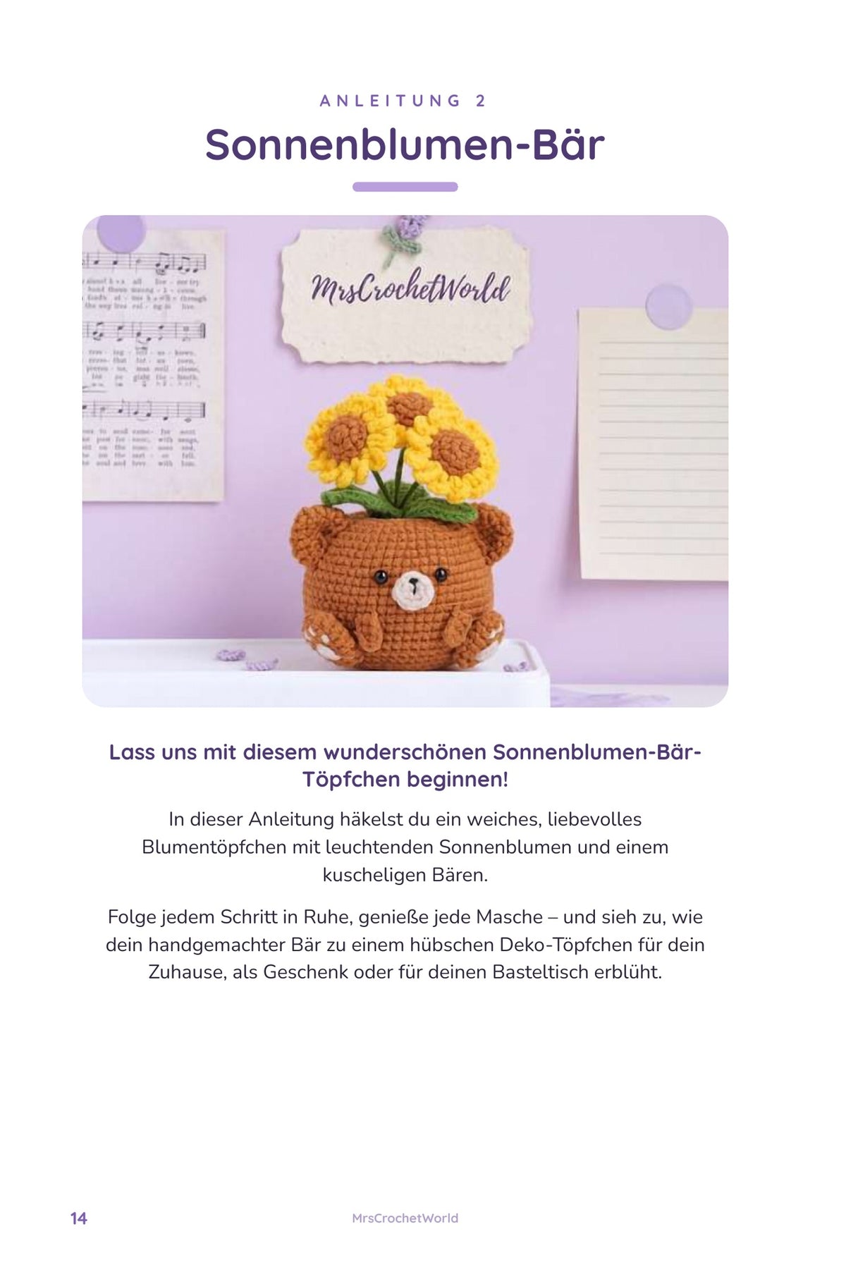 Sonnenblumen-Bär Häkelanleitung: gehäkeltes Bären-Töpfchen mit Sonnenblumen
