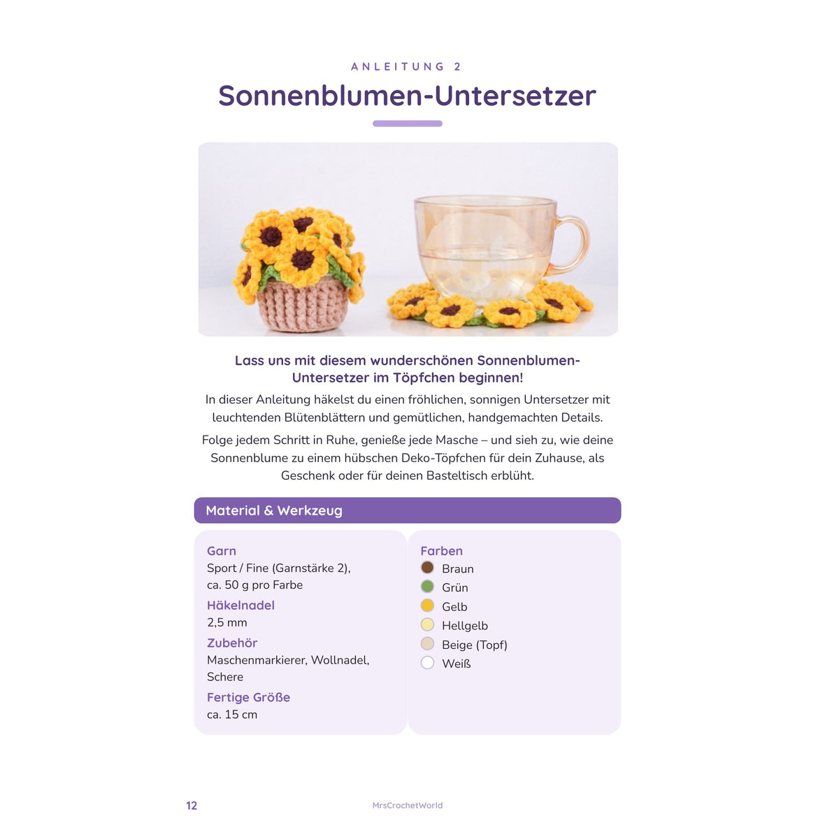 Sonnenblumen-Untersetzer Häkelanleitung: gehäkelte Sonnenblumen-Untersetzer als Blumenstrauß im Töpfchen