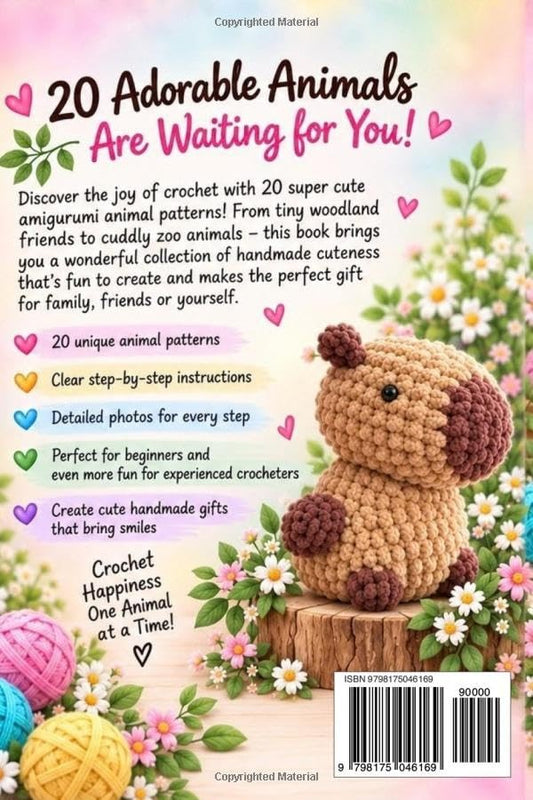 The Cuddly Crochet Zoo back cover with crochet capybara and list of features: 20 animal patterns, beginner friendly