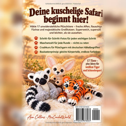 Back cover of the German crochet book Wild & kuschelig: plush lemur, fennec fox and tiger
