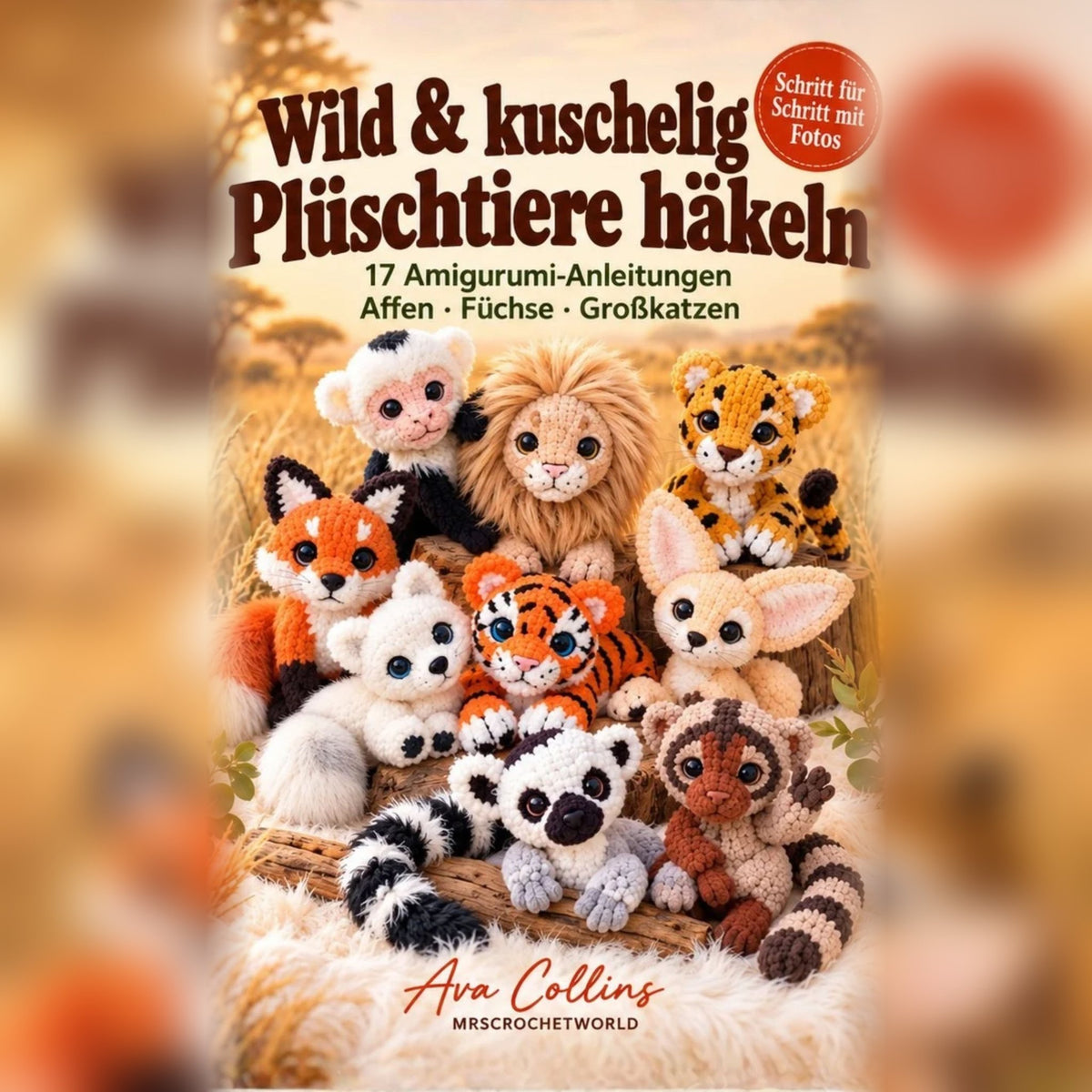 Front cover of the German crochet book Wild & kuschelig – Plüschtiere häkeln with 17 amigurumi monkeys, foxes and big cats