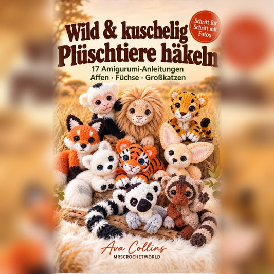 Front cover of the German crochet book Wild & kuschelig – Plüschtiere häkeln with 17 amigurumi monkeys, foxes and big cats