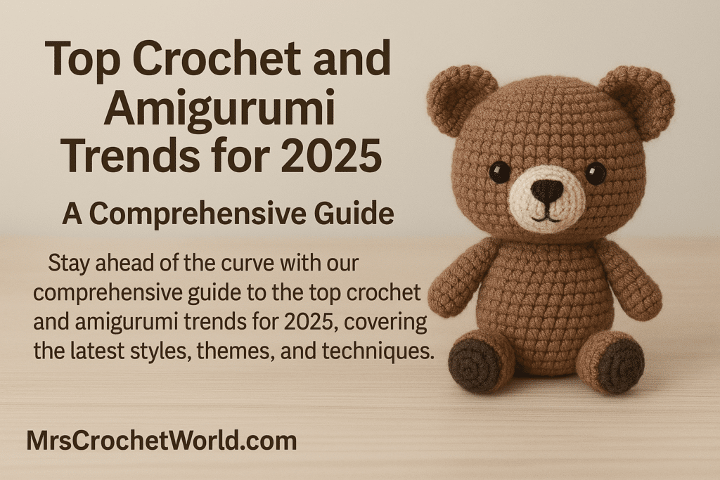 This blog header image showcases a professionally designed layout for the article "Top Crochet and Amigurumi Trends for 2025: A Comprehensive Guide" on MrsCrochetWorld.com. On the left side, the title is displayed in a clean, modern serif font in dark brown, set against a soft beige background. On the right, a charming crocheted amigurumi bear sits on a light wooden surface, perfectly stitched with natural-toned yarn and delicate embroidered facial features. The image is presented in a wide landscape format (at least 4:3), ideal for web use and optimized for blog aesthetics. The neutral color scheme creates a cozy, inviting vibe while emphasizing the bear and the headline text. The image captures the essence of handmade artistry blended with sleek digital presentation. It is perfect for illustrating a blog post about upcoming crochet and amigurumi trends, drawing in both craft enthusiasts and design-conscious readers. This balanced composition reflects both creativity and professionalism. Amigurumi, crochet, crochet pattern, amigurumi pattern, how to read crochet patterns, crochet for beginners, reading amigurumi patterns, crochet tips, amigurumi tips, plushie crochet, handmade plushie, crochet guide, amigurumi tutorial, crochet symbols, crochet abbreviations, stuffed animal crochet, DIY amigurumi, how to crochet plushies, beginner crochet, learn to read patterns, crochet instructions, amigurumi guide, pattern reading, crochet plushie, MrsCrochetWorld