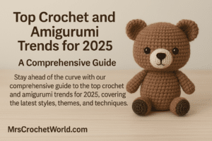 This blog header image showcases a professionally designed layout for the article "Top Crochet and Amigurumi Trends for 2025: A Comprehensive Guide" on MrsCrochetWorld.com. On the left side, the title is displayed in a clean, modern serif font in dark brown, set against a soft beige background. On the right, a charming crocheted amigurumi bear sits on a light wooden surface, perfectly stitched with natural-toned yarn and delicate embroidered facial features. The image is presented in a wide landscape format (at least 4:3), ideal for web use and optimized for blog aesthetics. The neutral color scheme creates a cozy, inviting vibe while emphasizing the bear and the headline text. The image captures the essence of handmade artistry blended with sleek digital presentation. It is perfect for illustrating a blog post about upcoming crochet and amigurumi trends, drawing in both craft enthusiasts and design-conscious readers. This balanced composition reflects both creativity and professionalism. Amigurumi, crochet, crochet pattern, amigurumi pattern, how to read crochet patterns, crochet for beginners, reading amigurumi patterns, crochet tips, amigurumi tips, plushie crochet, handmade plushie, crochet guide, amigurumi tutorial, crochet symbols, crochet abbreviations, stuffed animal crochet, DIY amigurumi, how to crochet plushies, beginner crochet, learn to read patterns, crochet instructions, amigurumi guide, pattern reading, crochet plushie, MrsCrochetWorld