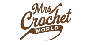 Mrs Crochet World logo – elegant handmade crochet brand logo in brown with transparent background