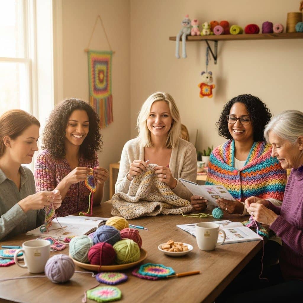 Ava Collins and the MrsCrochetWorld team crocheting together in their creative workshop
