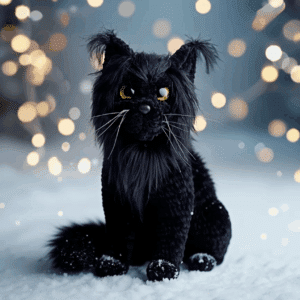 Black Maine Coon cat crochet plush – 14 inch amigurumi cat made from plush yarn using the Maine Coon Cat Crochet Pattern PDF.