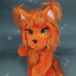 Brown Maine Coon cat crochet plush – 14 inch amigurumi cat made from plush yarn using the Maine Coon Cat Crochet Pattern PDF.