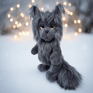 Gray Maine Coon cat crochet plush – 14 inch amigurumi cat made from plush yarn using the Maine Coon Cat Crochet Pattern PDF.