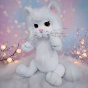 White Maine Coon cat crochet plush – 14 inch amigurumi cat made from plush yarn using the Maine Coon Cat Crochet Pattern PDF.