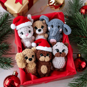 Christmas No Sew Amigurumi Pattern Bundle with festive plush characters, beginner-friendly digital crochet eBook.