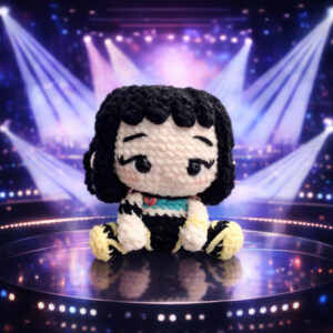 Crocheted Zoey K-Pop girl amigurumi with cute outfit and expressive face, digital crochet pattern.