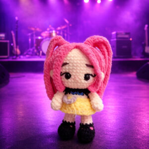 Crocheted Mira K-Pop girl amigurumi with stylish outfit and cute expression, digital crochet pattern.
