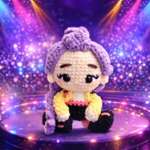 Crocheted Rumi K-Pop girl amigurumi with trendy outfit and cute expression, digital crochet pattern.
