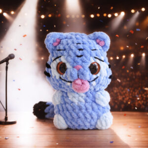 Derpy cat amigurumi crochet doll with funny expression and oversized eyes, handmade style, digital crochet pattern.