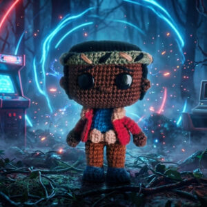 Crocheted Lucas character inspired by Stranger Things, handmade amigurumi doll with headband and casual outfit, digital crochet pattern.