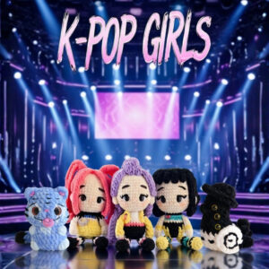 Five K-Pop–inspired crochet girl dolls displayed together, cute amigurumi style, 5-in-1 digital crochet pattern bundle.