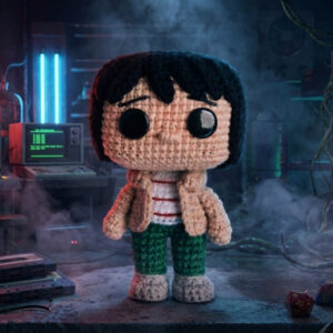 Crocheted Mike character inspired by Stranger Things, handmade amigurumi doll with brown hair and casual outfit, digital crochet pattern.