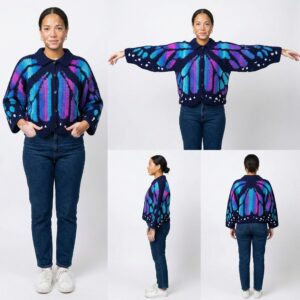 Handmade monarch butterfly cardigan crochet, front view, oversized butterfly wing sweater in blue, purple and pink colors, worn with jeans on purple background