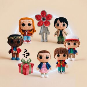 Crocheted Stranger Things characters in one image – Eleven, Mike, Will, Dustin, Lucas, Max and Demogorgon amigurumi dolls, handmade crochet pattern bundle.